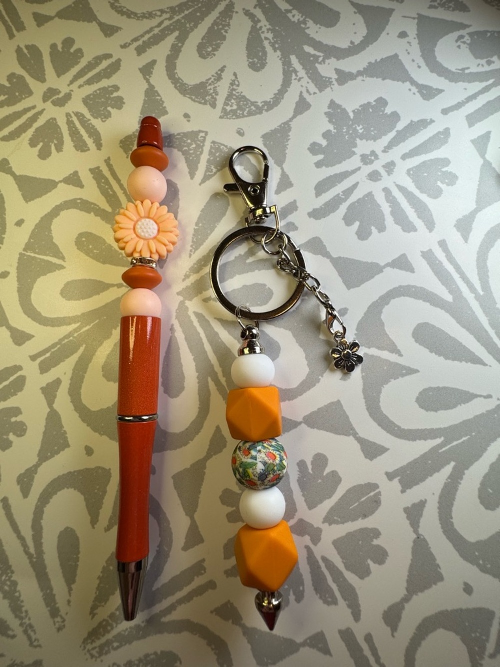 Keychain Card Holder Accessory with Orange and Peach Beads